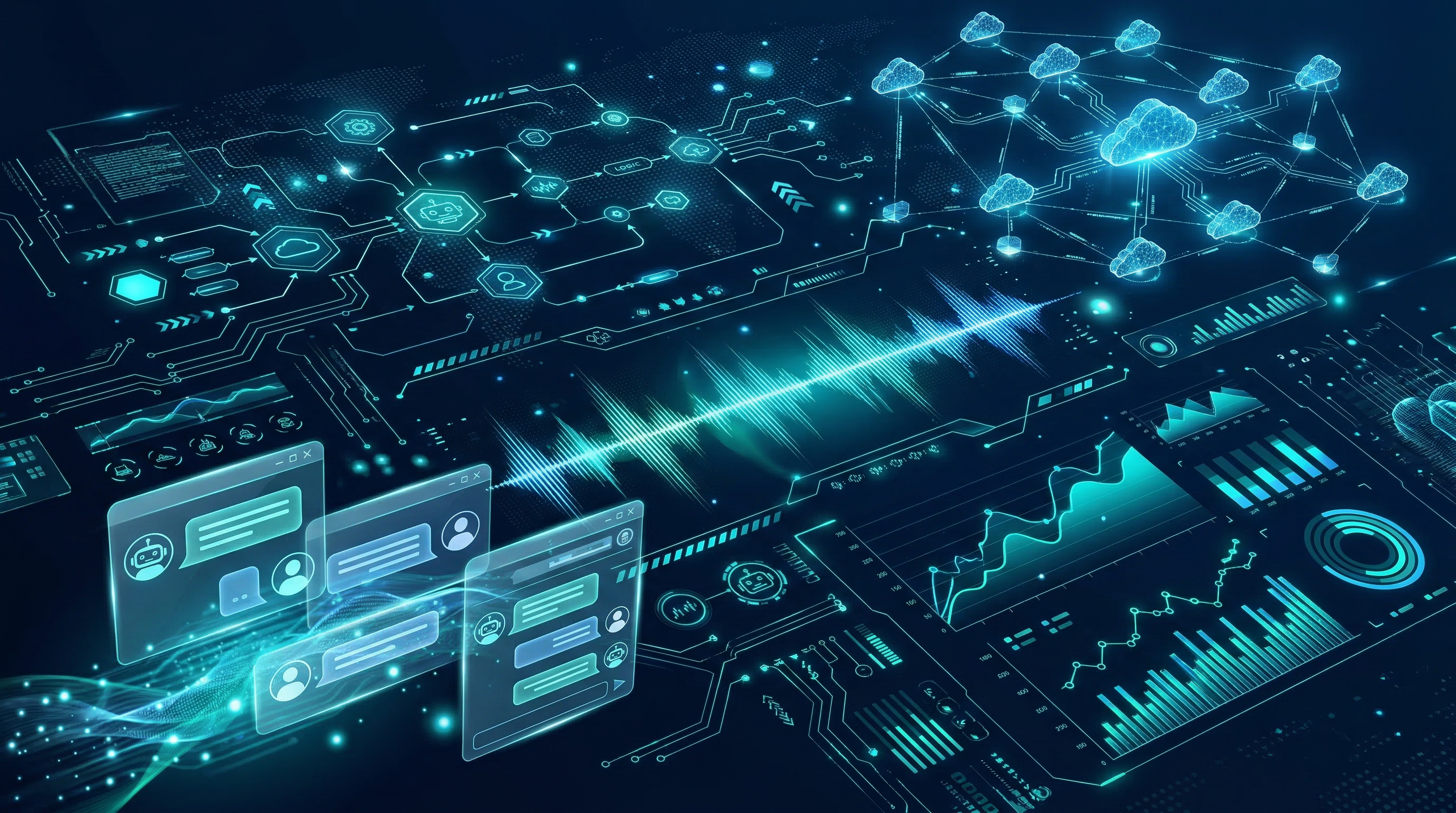 AI-powered services dashboard showing automation, voice AI, marketing analytics, and cloud infrastructure